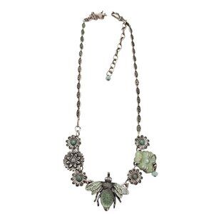Mary DeMarco Silver Tone Green Enamel Fly Flower Necklace Molded Glass, C119